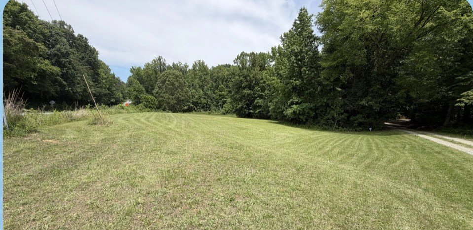 A wide mown field lined by trees