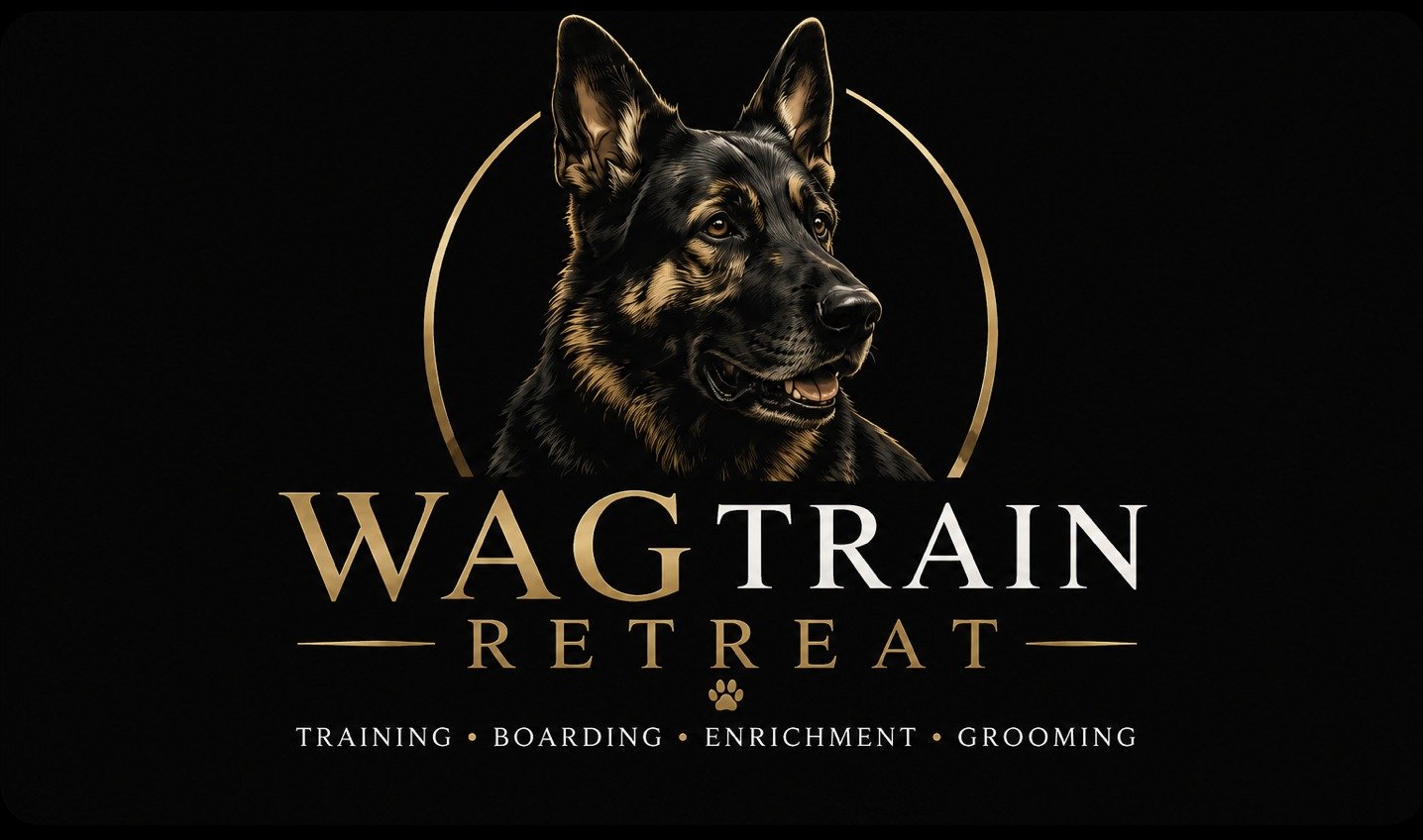 Wag Train Retreat logo — a German Shepherd inside a gold ring