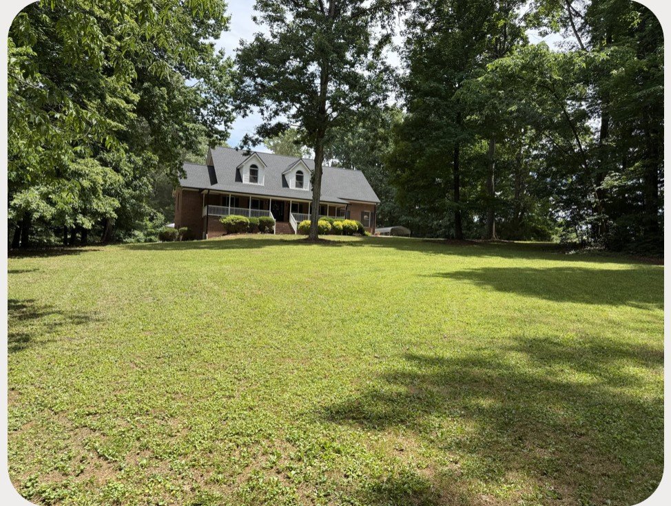 The Wag Train Retreat home set behind a wide, sunlit lawn ringed by tall trees